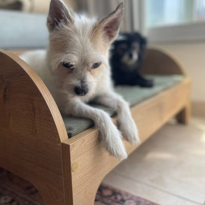 Side view of raised wooden dog bed demonstrating airflow and ergonomic height